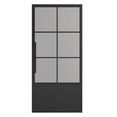 a black and white door with four panes on the glass, in front of a white background