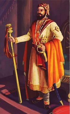 a painting of a man dressed in an orange outfit and holding a cane with both hands