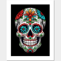 a colorful sugar skull with flowers on it's head is featured in this black background