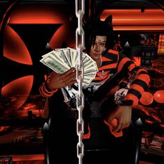 a man holding money in front of a red and black background