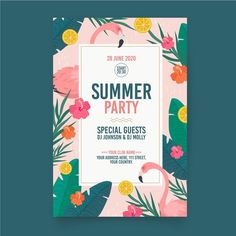 a flyer for a summer party with tropical leaves, flowers and flamingos on it