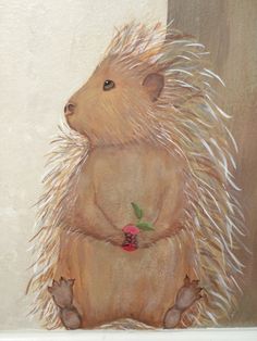 a painting of a porcupine holding a flower in its paws and looking up at the sky