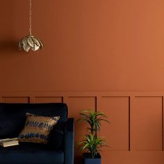 a blue couch sitting next to a green plant in a living room with orange walls