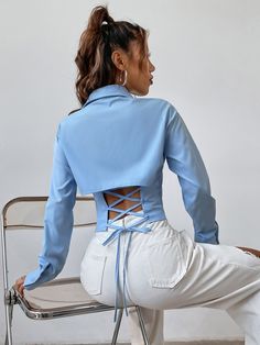 Azul Casual Collar manga larga Tela Liso Camisa Embellished No-Elástico Verano Mode Kimono, Classy Work Outfits, Classy Casual Outfits, Classy Casual, Plain Shirts, Women Blouses, Crop Shirt, Upcycle Clothes, Blue Fashion