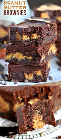 chocolate peanut butter brownies stacked on top of each other