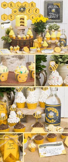 a collage of photos with yellow and black desserts on it's sides