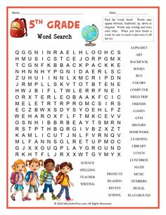 the 5th grade word search is shown in red and white with an image of children