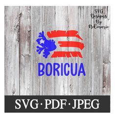 the word boricua with an american flag on it is in blue, red and white