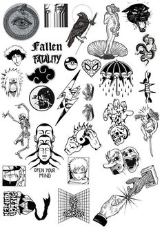 an assortment of tattoo designs on a white background