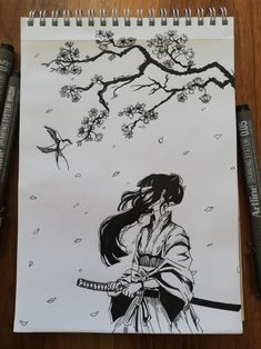 Japanese Tree Sketch, Japanese Aesthetic Drawings, Person In Nature Drawing, Japan Pencil Drawing, Japanese Sketch Art Anime, Chinese Sketch Drawing, Sakura Tree Sketch, Samurai Girl Drawing, Japanese Drawing Aesthetic