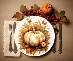 a white plate topped with a pumpkin next to silverware and autumn leaves on top of a table