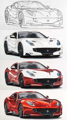 three different types of sports cars are shown in this drawing technique, one is red and the other is white