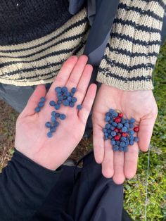 two hands holding small blue and red beads