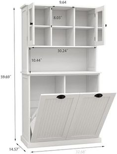 a white bookcase with two doors and three shelves on the bottom, measurements for each shelf