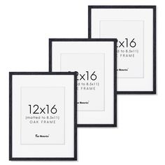 three framed frames with measurements for each frame and numbers on the front, two are black