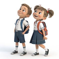 two cartoon children are standing next to each other, one is wearing a backpack and the other has a book bag