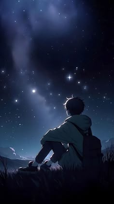 a person sitting in the grass looking up at the stars