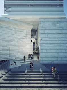 people are walking up and down the stairs in front of a large building with white walls