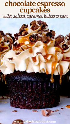 chocolate espresso cupcakes with salted caramel buttercream on top