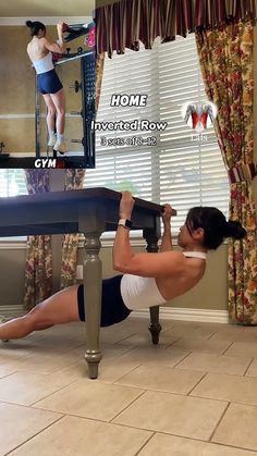 a woman is doing exercises on the floor in front of a table with a mirror above her