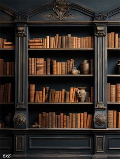 Vintage Library Bookshelf Photography Backdrop - A vintage bookshelf filled with old books and decorative vases Vintage Library Decor Ideas, Antique Book Shelves, Classic Library Design, Vintage Bookshelf Aesthetic, Old Apartment Aesthetic, Fancy Bookshelf, Bookshelves Lighting, Cluttered Bookshelf, Bookshelf Photography