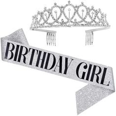 a tiara and ribbon with the words birthday girl on it, both in black and white