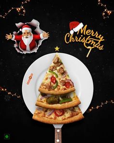 a christmas tree made out of pizza on top of a white plate next to a santa clause