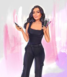 a drawing of a woman holding two cell phones in one hand and an electronic device in the other