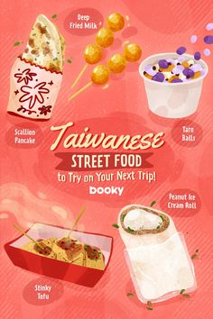 an illustrated poster with different types of food on it's side, including rice and other