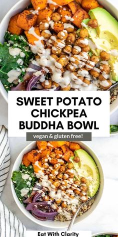 two bowls filled with sweet potato chickpea buddha bowl