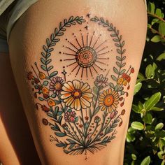 Artistic Wildflower Tattoo Sketches Traditional Style Feminine Tattoo, Wildflower Band Tattoo, Garden Flowers Tattoo, Bold Color Tattoo, American Traditional Vine Tattoo, Flower Peace Sign Tattoo, Forarm Sleeve, Floral Wreath Tattoo, Traditional Strawberry Tattoo