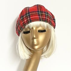 Red Tartan Plaid Vintage Wool Beret Hat, Lined In Rayon Print, The Top Of The Hat Is Made Up Of 6 Section Crown, Wool Bias 1" Fitted Band And !' Soft Elastic Band Inside. One Size Fits Most Up To A 22" Head Size Made In The Usa Dry Clean Classic Red Beanie Hat, Red Adjustable Winter Beret, Adjustable Red Winter Beret, Red Flat Cap Beret For Fall, Red Flat Cap For Fall, Retro Red Flat Cap, Adjustable Retro Winter Beret, Plaid Beret, Italian Hat