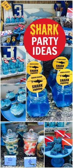 shark party ideas with cupcakes and desserts in blue, yellow and red