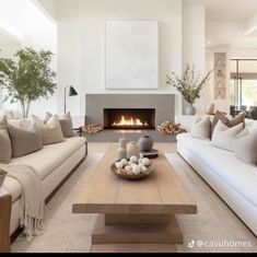 a living room filled with furniture and a fire place in the middle of the room