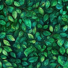 a painting of green leaves with drops of water on them