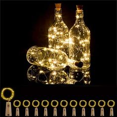 lighted wine bottles and corks are arranged on a black background with the words, bottle lights