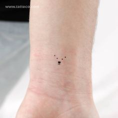 a small dog's face is shown on the left side of this wrist tattoo