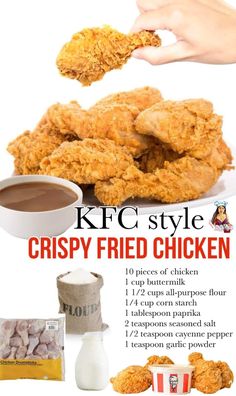 the recipe for crispy fried chicken is shown in this advertisement with instructions on how to make it