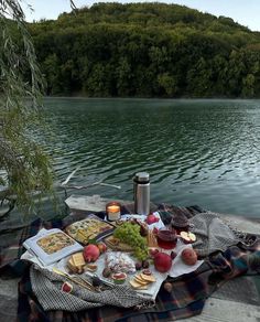 an outdoor picnic with food and drinks on the water's edge next to a lake