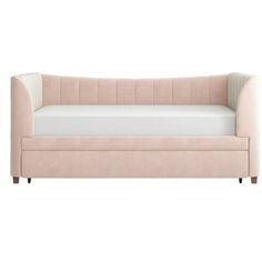 a pink couch with white sheets and pillows on it's back end, against a white background