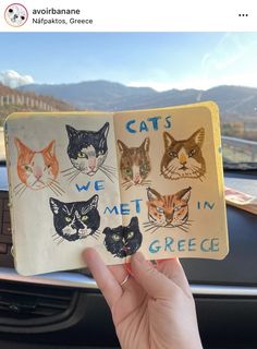 a person holding up an open book with cats on it in front of a car