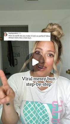 Lainey Ostrom on Instagram: "Not the man bun! Here’s a step-by-step tutorial for this viral messy bun. Let me know if it helps!  - #messybuntutorial #messybunlife #topknots #topknotbun #topknots #hairbun #trendyhairstyles #trendyhairstyle #trendyhair2024 #viralmessybun #messybunhack #hairhack" Diy Messy Bun For Long Hair, Messy Bun For Long Thick Hair, Viral Messy Bun, Messy Bun Anleitung, How To Bun, High Bun Tutorials, Quick Messy Bun, Easy Buns, Messy Bun For Short Hair