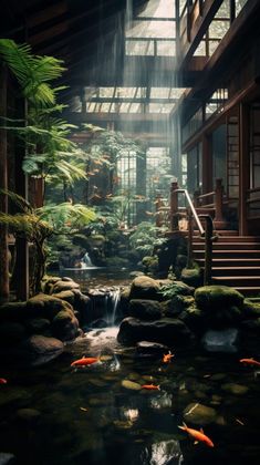 Traditional Japanese House with an Indoor Pond and Skywell Patio Oasis Ideas, Garden Landscaping Ideas, Asian Landscape, Eco Friendly Garden