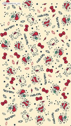 an image of hello kitty wallpaper with hearts and stars on the back of it