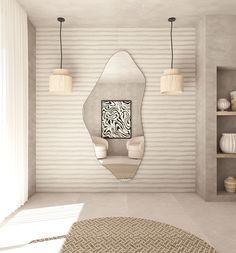 a mirror that is on the wall above a rug in a room with white walls