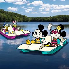 three cartoon characters are in a boat on the water