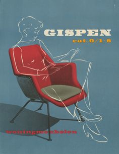 a woman sitting on top of a red chair in front of a blue background with the words gispen cut out