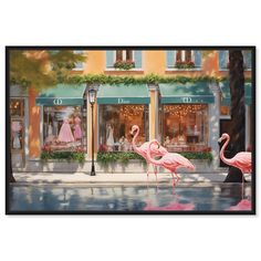 two pink flamingos standing in front of a store