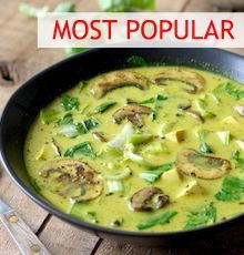 a bowl of soup with mushrooms in it and the words most popular foods above it