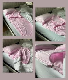 four pictures of a bed with pink sheets on it